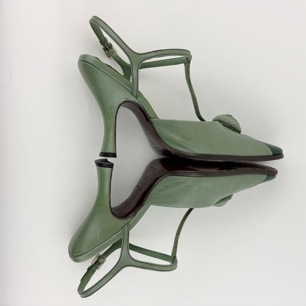 Vintage Prada Green Leather Rose T Strap Heels Size 36 Floral Knot Square Toe - Picture 7 of 14